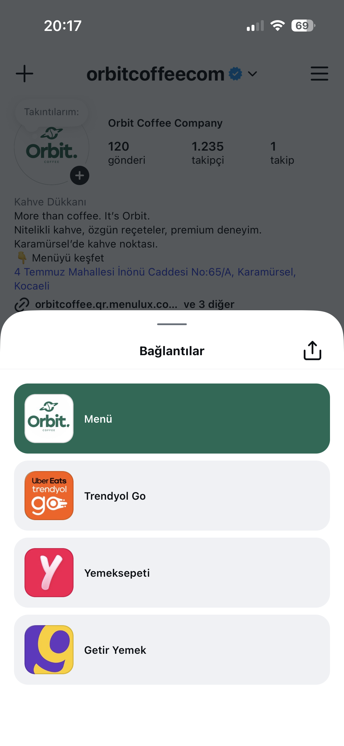 Orbit Coffee bağlantılar ekranı